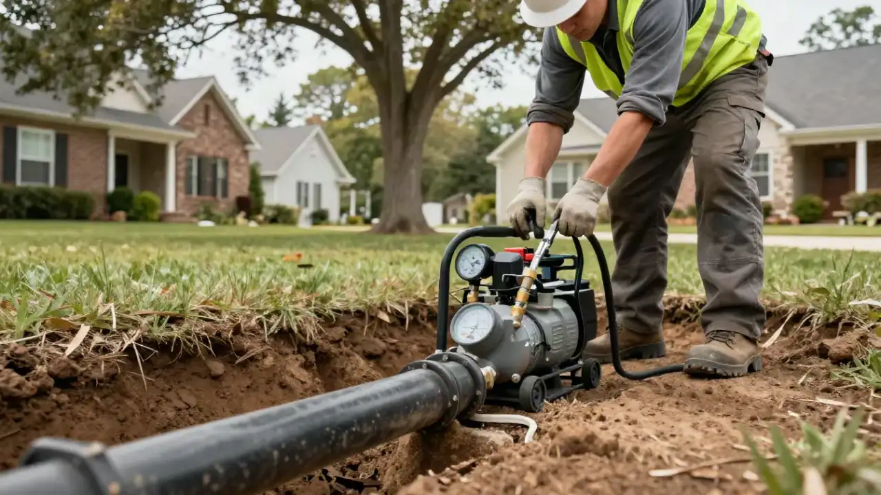 Sewer Line Repair in Roswell, Georgia: close-up of a hydrostatic test pump being used to pressure test a newly installed