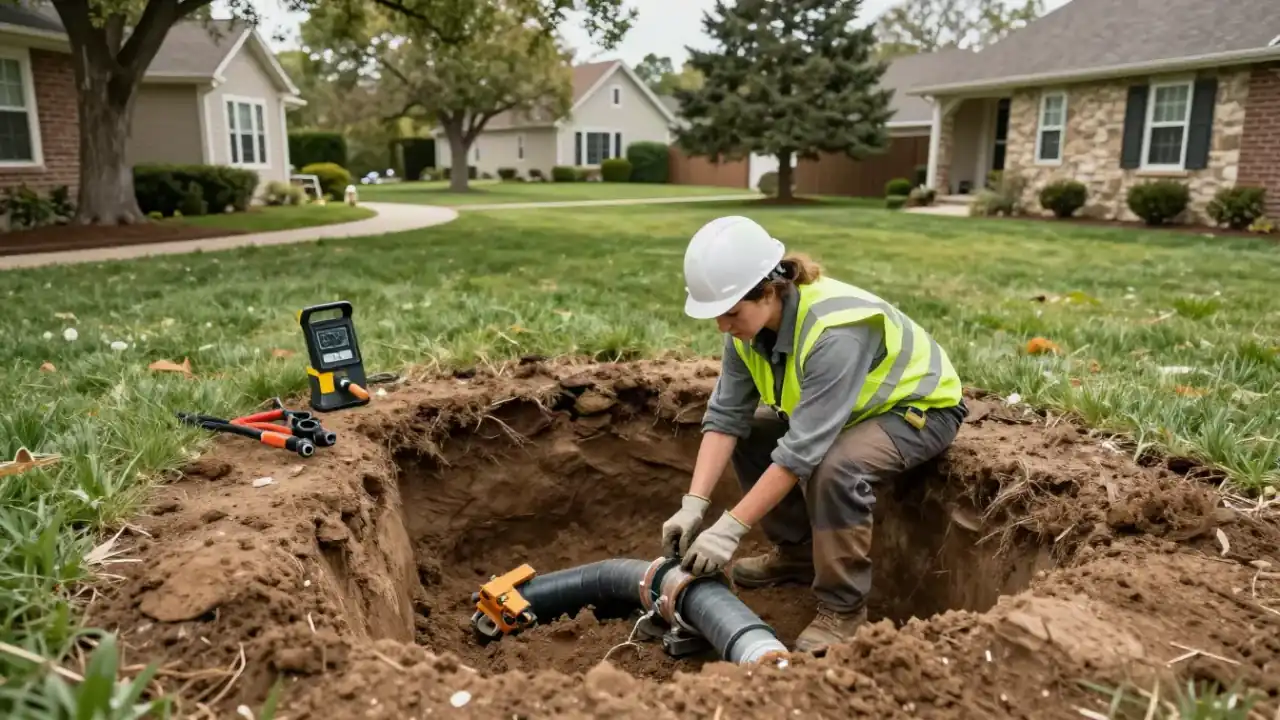 Sewer Line Repair in Roswell, Georgia: aerial view, from a low angle, of a small, precise excavation pit in a