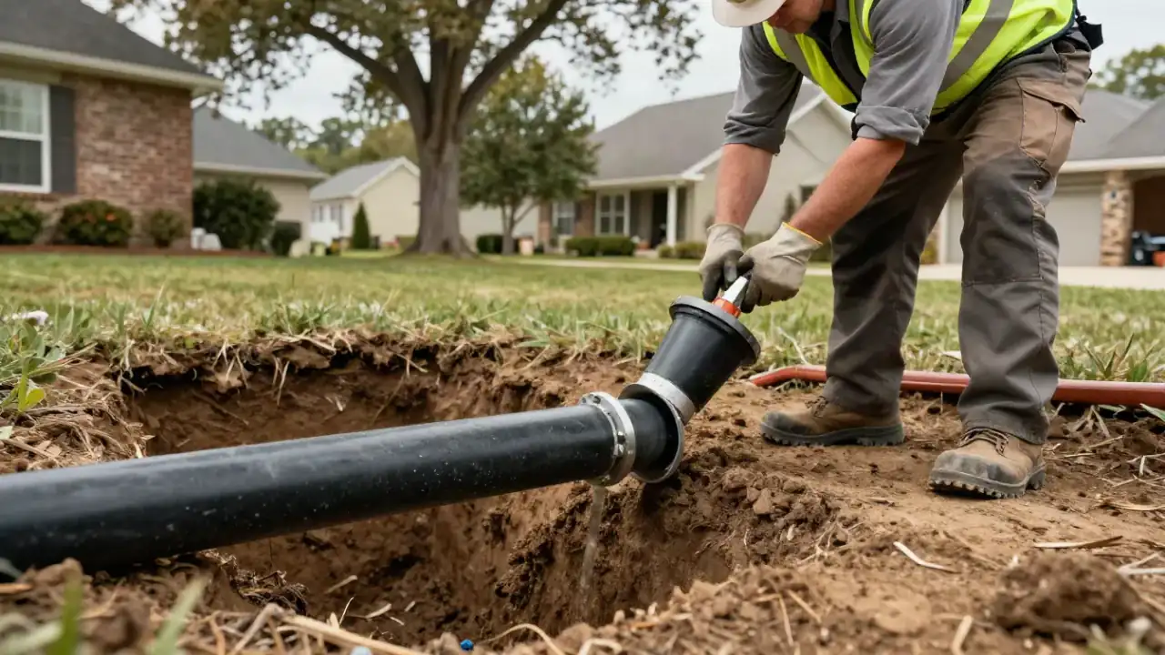 Sewer Line Repair in Roswell, Georgia: close-up of a specialized pipe bursting cone being attached to a new length of