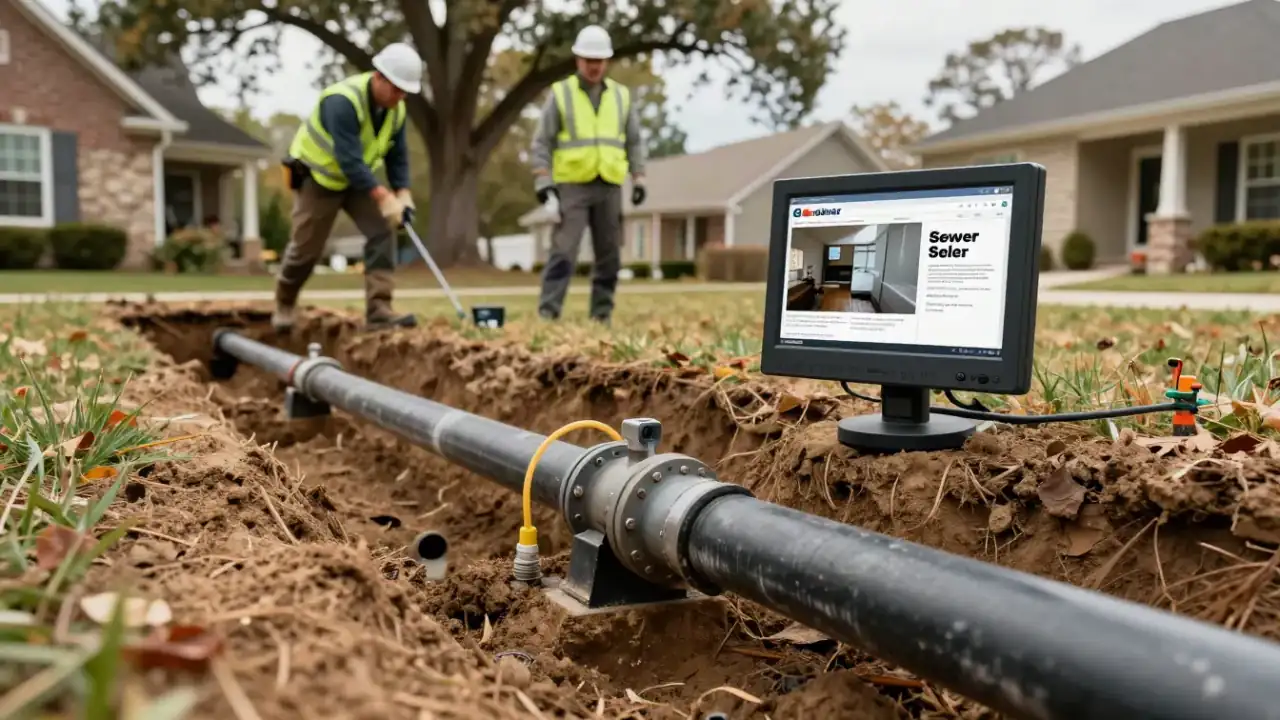 Sewer Lateral Inspection for Home Sales in Roswell, Georgia: close-up of a monitor displaying a detailed view of a sewer