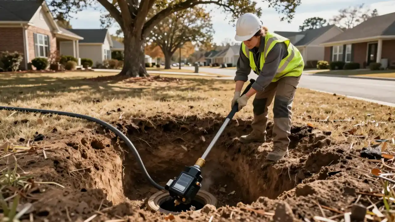 Sewer Camera Inspection in Roswell, Georgia: sewer technician feeding a waterproof camera on a flexible push rod into an