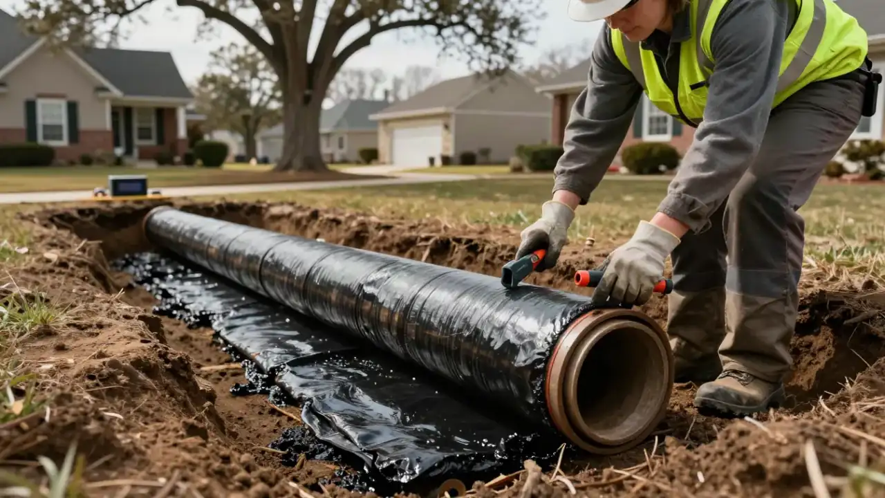 Sewer Line Repair in Roswell, Georgia: close-up of a cured-in-place pipe (CIPP) liner being unrolled and prepared before